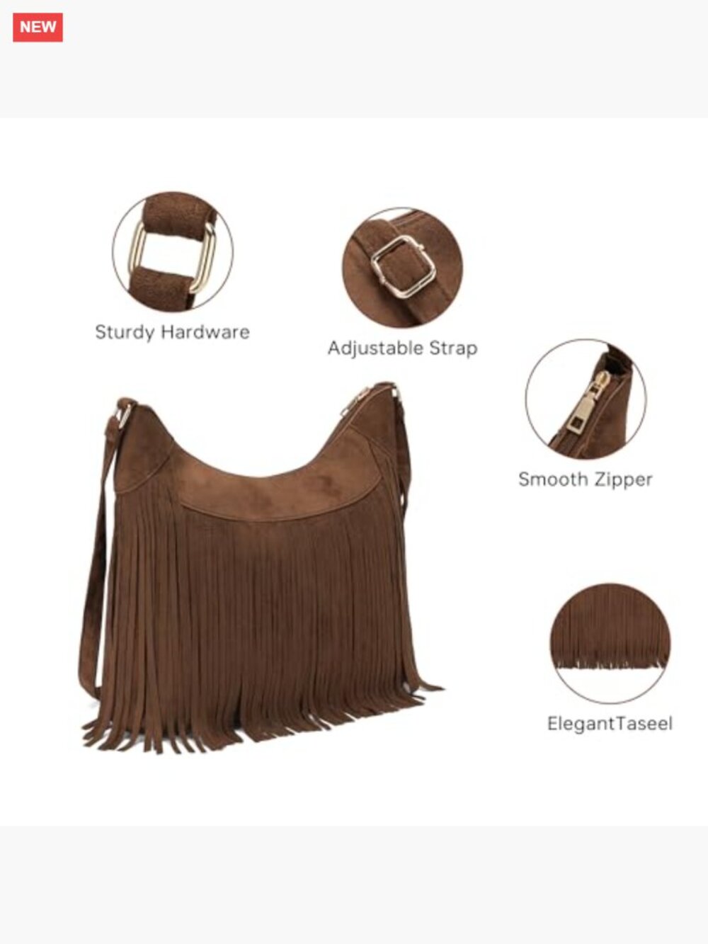 Vintage Suede Hobo Bag Crossbody Shoulder Purse Tassel Boho - Picture 4 of 6